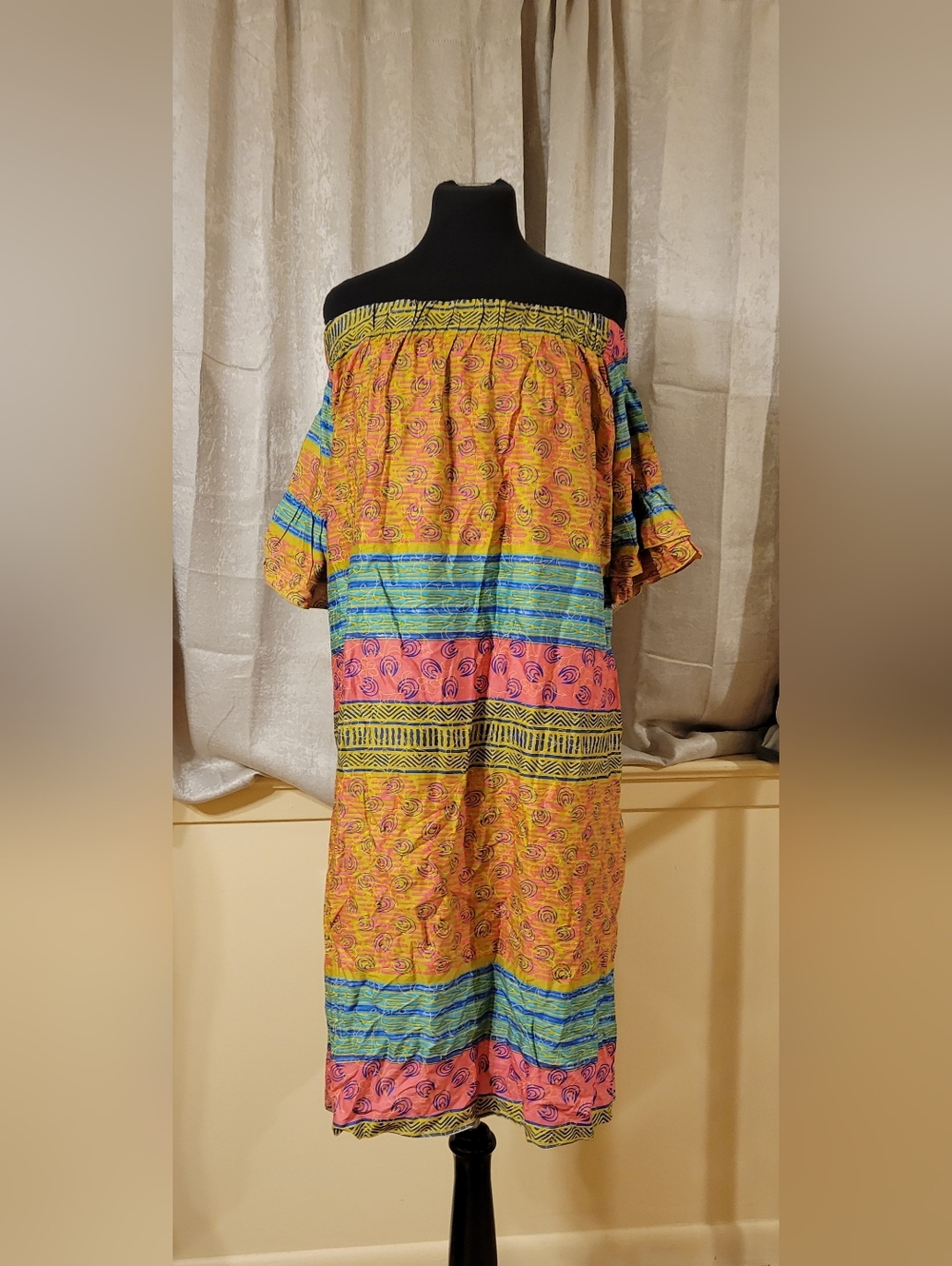 Ashley Stewart Yellow Pink Blue Striped Off-Shoulder Dress